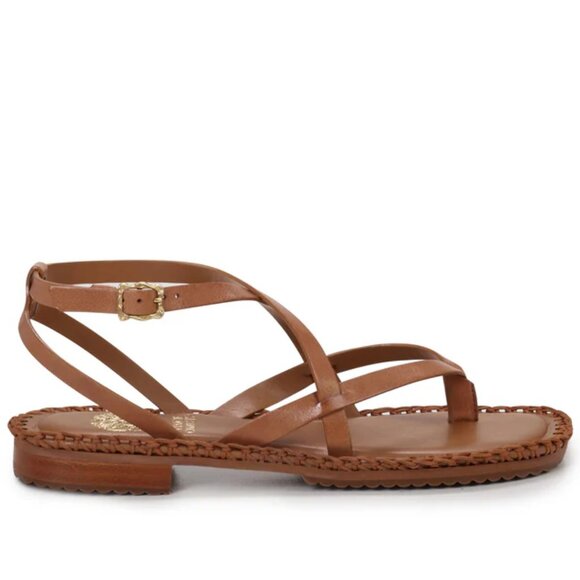 NEW VINCE CAMUTO Made In Brazil Leather Barey Flat Sandals Cognac 362mn - Picture 2 of 8
